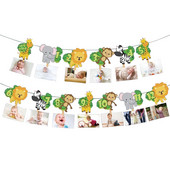 1. Jungle Animal Birthday Photo Banner Garland 12 hónapos sármány szafari Wild egyéves baba születésnapi party dekorációs kellékek