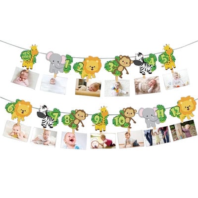 1st Jungle Animal Birthday Photo Banner Garland 12 Month Bunting Safari Wild One Year Baby Birthday Party Decoration Supplies