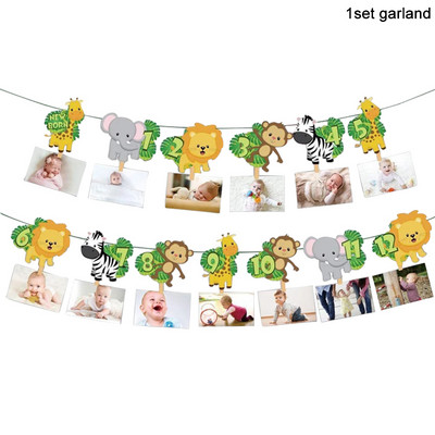 1. Jungle Animal Birthday Photo Banner Garland 12 hónapos sármány szafari Wild egyéves baba születésnapi party dekorációs kellékek