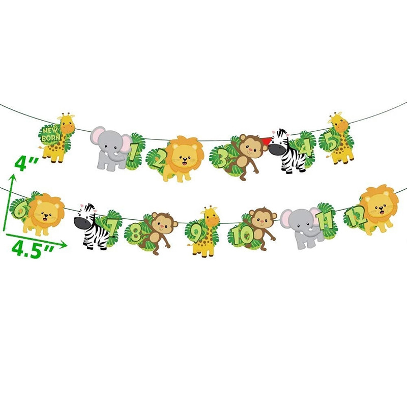 1. Jungle Animal Birthday Photo Banner Garland 12 hónapos sármány szafari Wild egyéves baba születésnapi party dekorációs kellékek