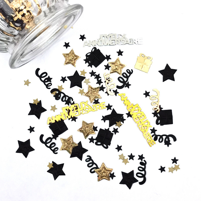 15 g vegyes konfetti csillogó fekete arany csillag csíkos asztali flitteres baba születésnapi esküvői parti dekoráció Joyeux évfordulója