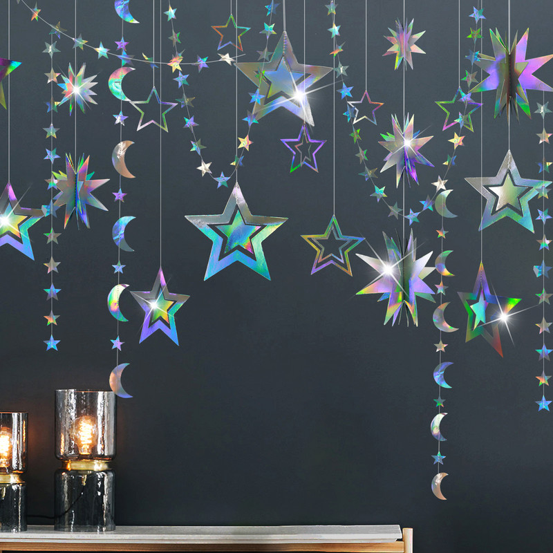 Vaivorykštės popieriaus lapų snaigės girlianda Holografinis gimtadienio vakarėlis Kabantys lapai Žvaigždžių srautas Kalėdų Naujųjų Metų reklamjuostės dekoravimas
