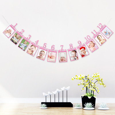 Daudz laimes dzimšanas dienā foto rāmja reklāmkaroga noformējums Pirmā zēna un meitenes ballītes piederumi Mazulis Mans 1. gads Papīra vītne 12 mēn.