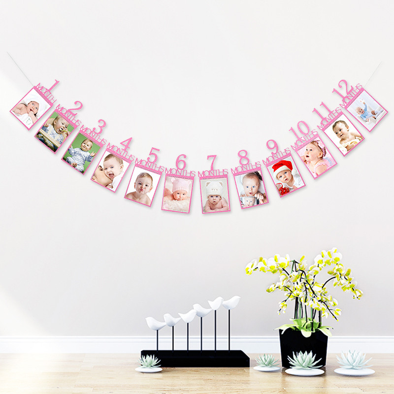 Daudz laimes dzimšanas dienā foto rāmja reklāmkaroga noformējums Pirmā zēna un meitenes ballītes piederumi Mazulis Mans 1. gads Papīra vītne 12 mēn.