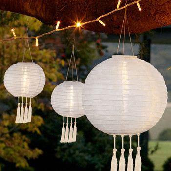 Водоустойчив LED кръгъл хартиен фенер 25CM слънчеви китайски фенери Хартиени топки Декор Сватба Рожден Ден Висяща украса