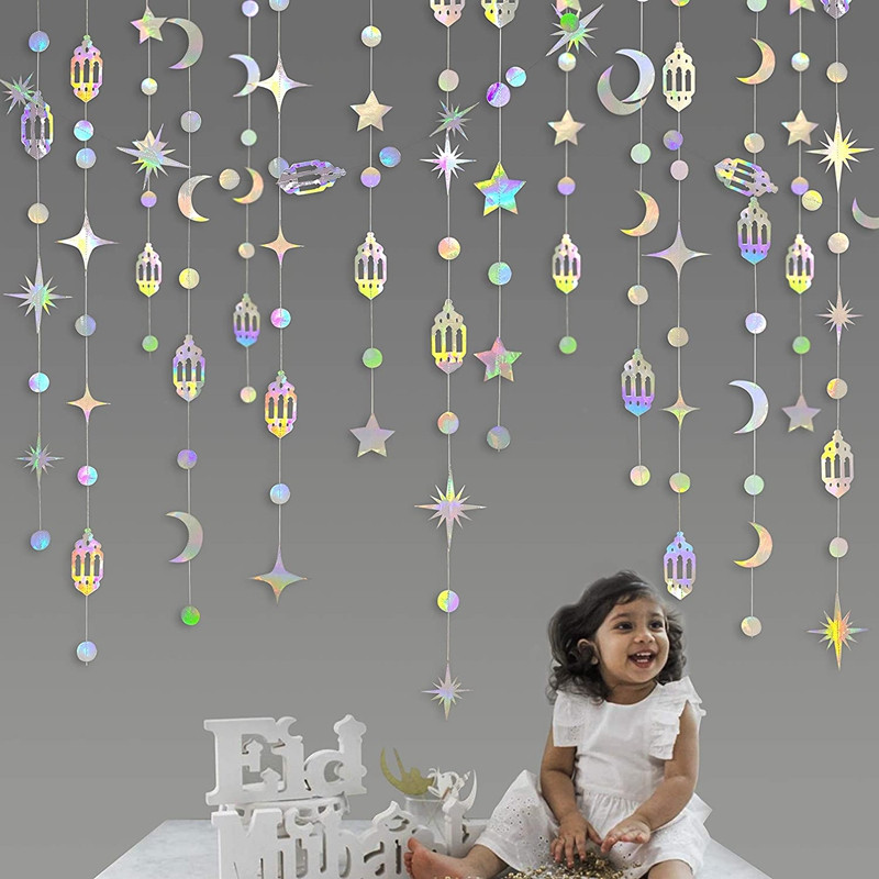 13ft Iridiscent Ramadan EID Mubarak Banner Decorații Agățat Steaua Lună Lampă Ghirlande Ramadan Mubarak Decor acasă petrecere de aniversare