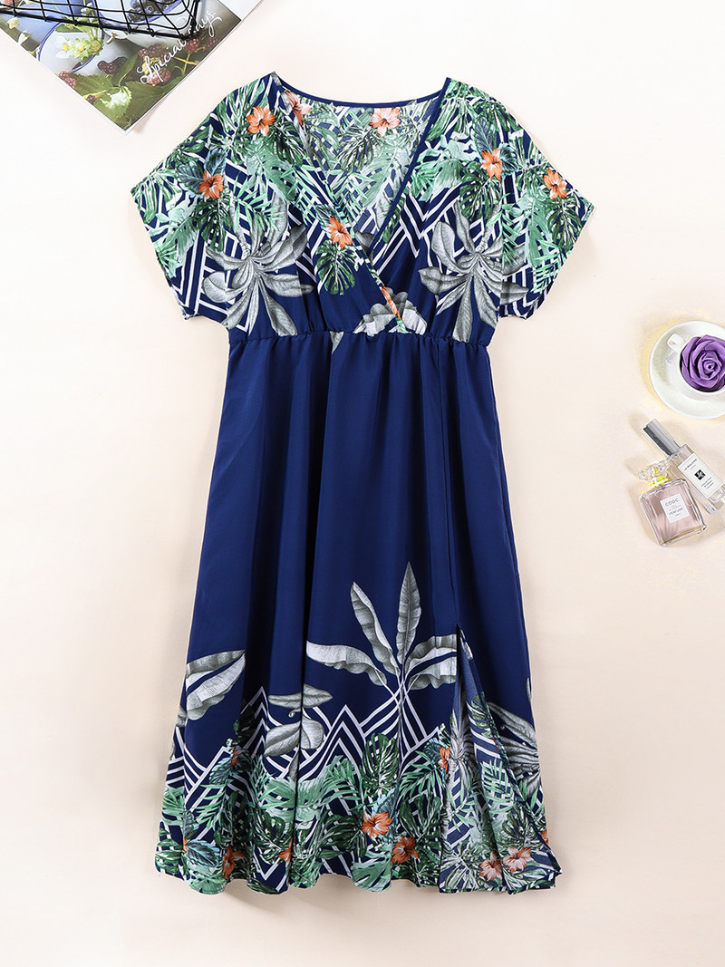 Finjani atogrąžų miško spausdinta šikšnosparnio suknelė su skeltomis rankovėmis, didelio dydžio 4XL