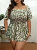 Finjani női peplum blúz francia virágmintás, négyzet alakú nyakú, lámpás ujjú blúzok 2023-as nyári nagy blúz