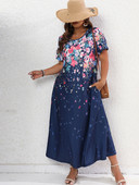 Rochie de damă Finjani cu decolteu roșu Rochii de modă cu imprimeu floral retro, bloc de culoare de vară 2023, rochie de mărime mare