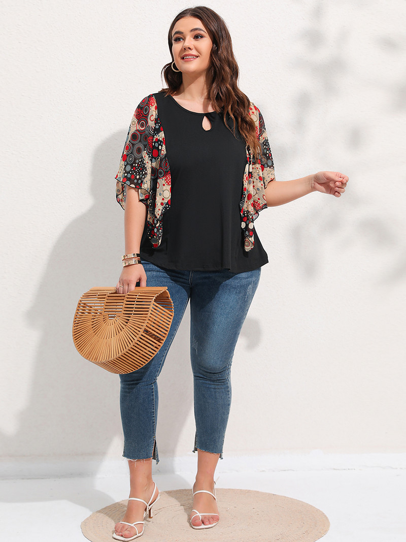 Finjani Ženska bluza spuštenih rukava s točkastim printom i dekolteom veće veličine Ležerne ženske ljetne majice