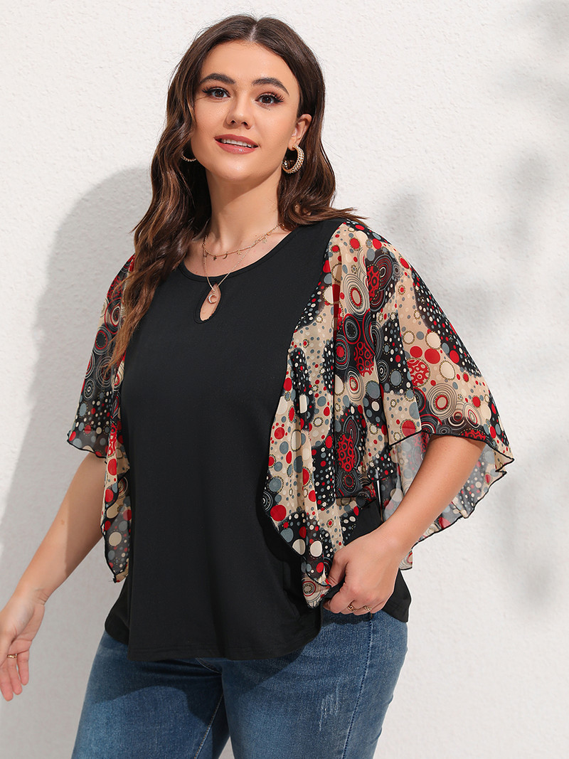 Finjani Ženska bluza spuštenih rukava s točkastim printom i dekolteom veće veličine Ležerne ženske ljetne majice