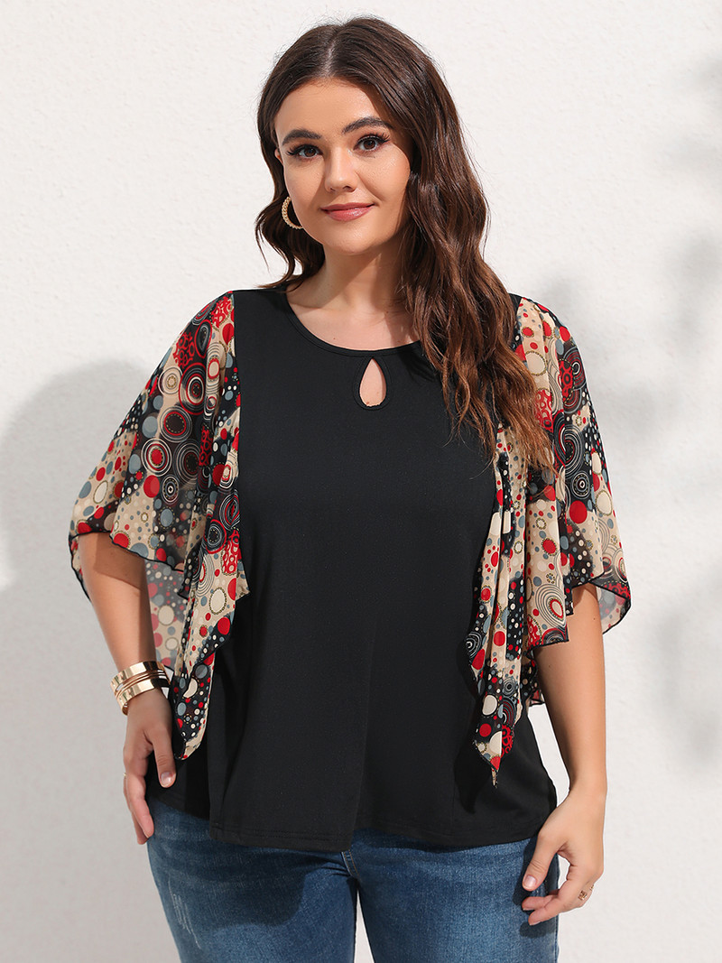 Finjani Ženska bluza spuštenih rukava s točkastim printom i dekolteom veće veličine Ležerne ženske ljetne majice