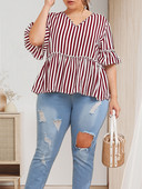 Finjani Plus Size ColorBlock dryžuotos palaidinės moterims 2022 m. vasaros marškinėliai su raukšlėmis.