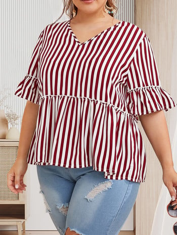 Γυναικείες μπλούζες με ριγέ στάμπα Finjani Plus Size ColorBlock 2022 Summer Frill Ruffle Tee