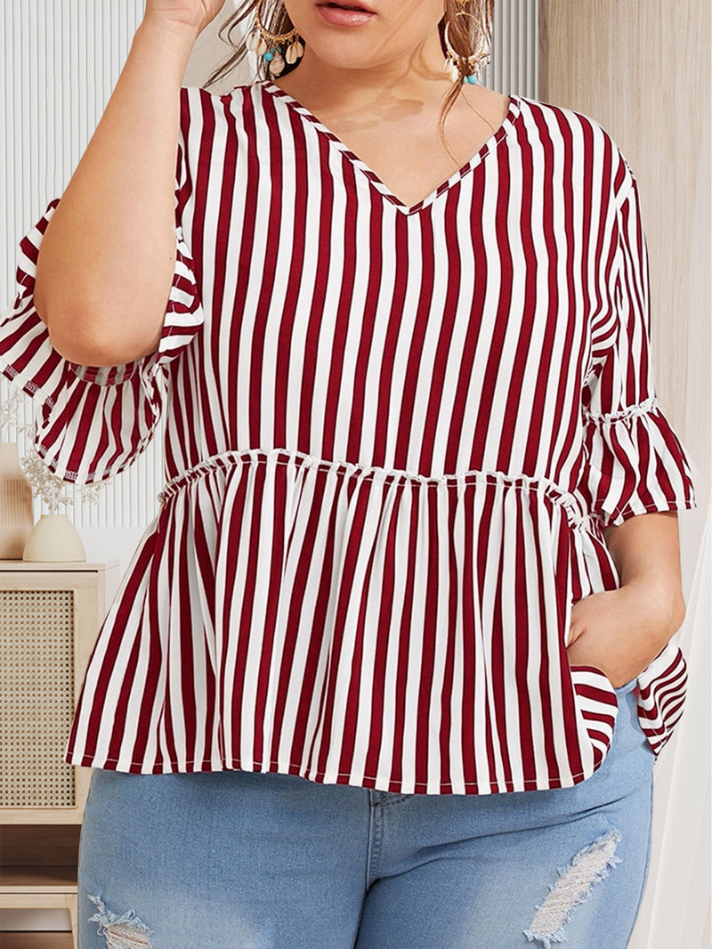 Finjani Plus Size ColorBlock dryžuotos palaidinės moterims 2022 m. vasaros marškinėliai su raukšlėmis.