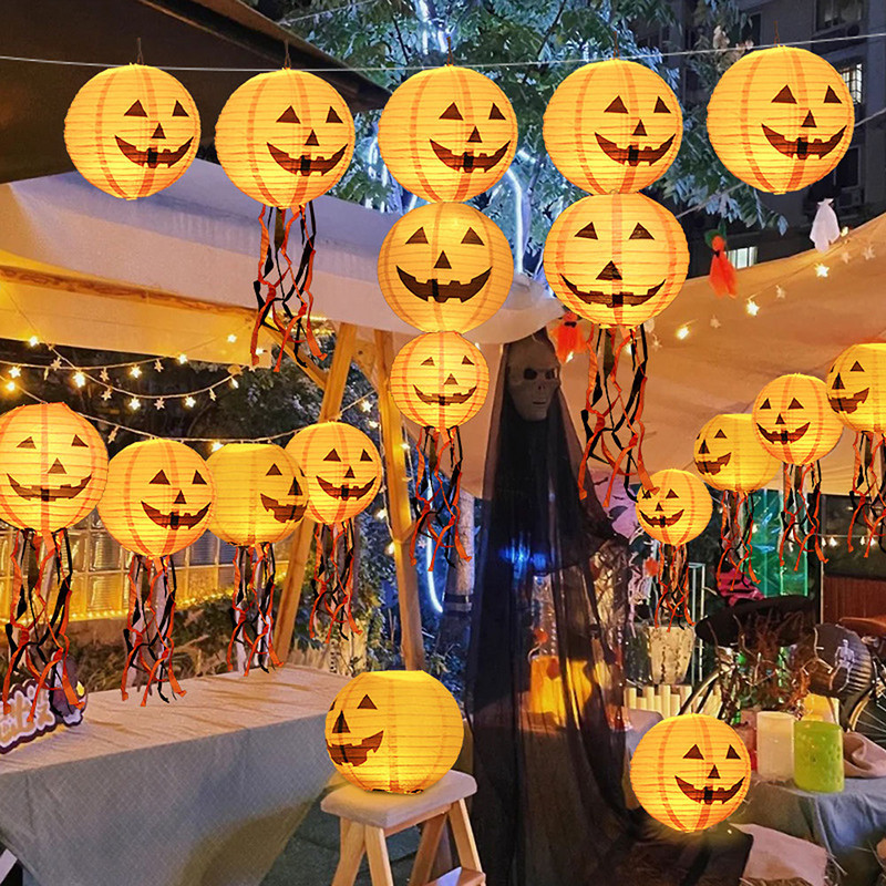 Halovīni papīra laterna ķirbju laternas zirnekļa nūja skelets piekārts lampas bumba šausmu rekvizīti āra mājas Helovīna ballītes dekors