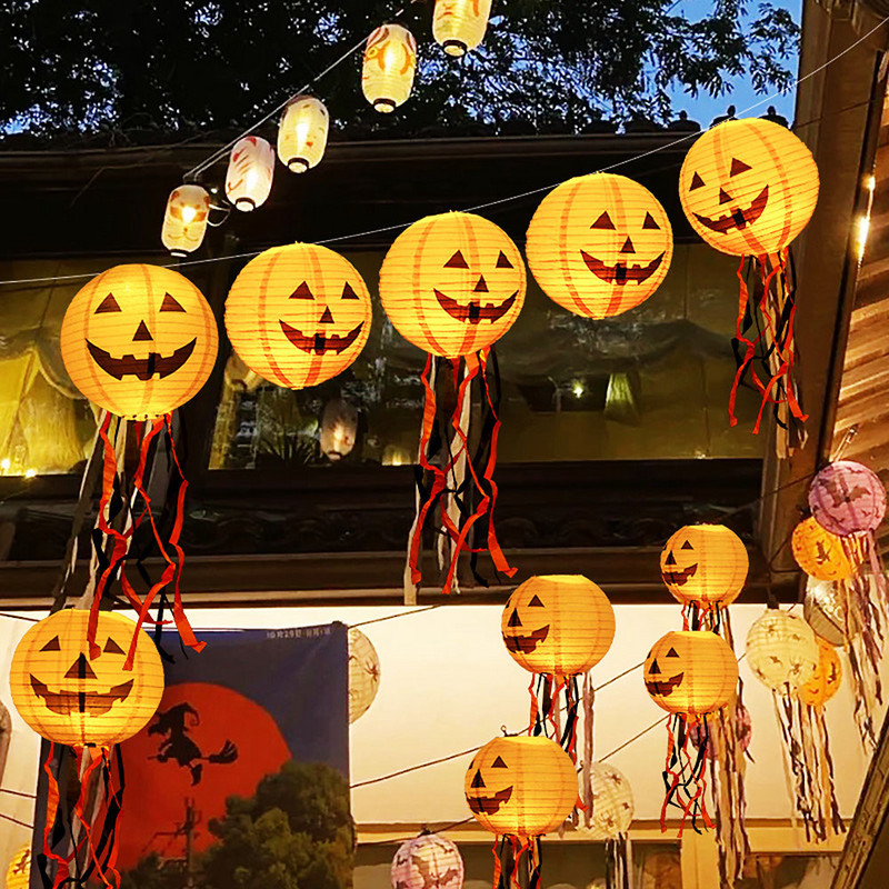 Halovīni papīra laterna ķirbju laternas zirnekļa nūja skelets piekārts lampas bumba šausmu rekvizīti āra mājas Helovīna ballītes dekors