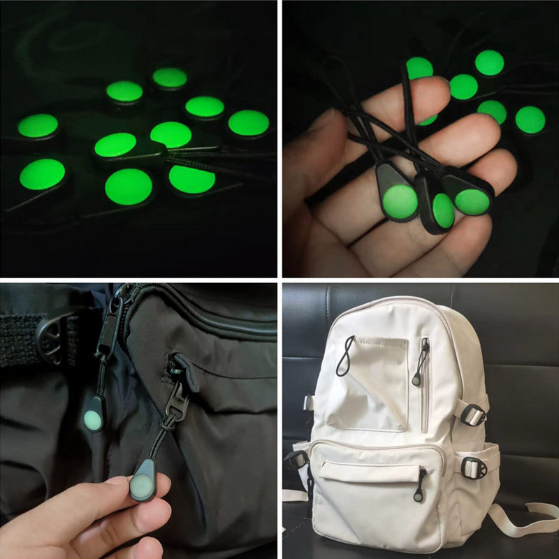 5/10 gab. Gaismas rāvējslēdzēja novilcēji mirdz tumšā naktī āra kempings pārgājienu rāvējslēdzēja pagarinājuma komplekts mugursomu teltij