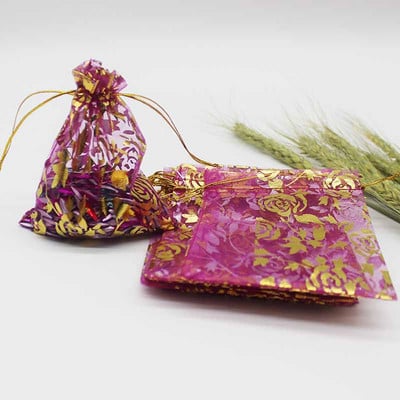 50 de bucăți geantă din organza de mai multe dimensiuni, cu trandafir cu inimă de fier, cu design special, pachet pentru cadouri pentru promovarea nunții, pachet de bijuterii cu bomboane