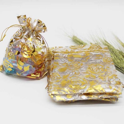 50 de bucăți geantă din organza de mai multe dimensiuni, cu trandafir cu inimă de fier, cu design special, pachet pentru cadouri pentru promovarea nunții, pachet de bijuterii cu bomboane