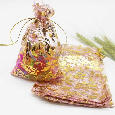 50 de bucăți geantă din organza de mai multe dimensiuni, cu trandafir cu inimă de fier, cu design special, pachet pentru cadouri pentru promovarea nunții, pachet de bijuterii cu bomboane