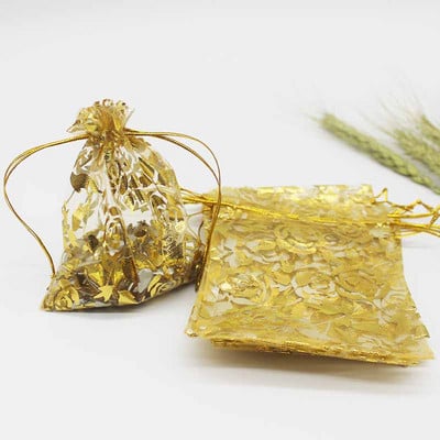 50 de bucăți geantă din organza de mai multe dimensiuni, cu trandafir cu inimă de fier, cu design special, pachet pentru cadouri pentru promovarea nunții, pachet de bijuterii cu bomboane