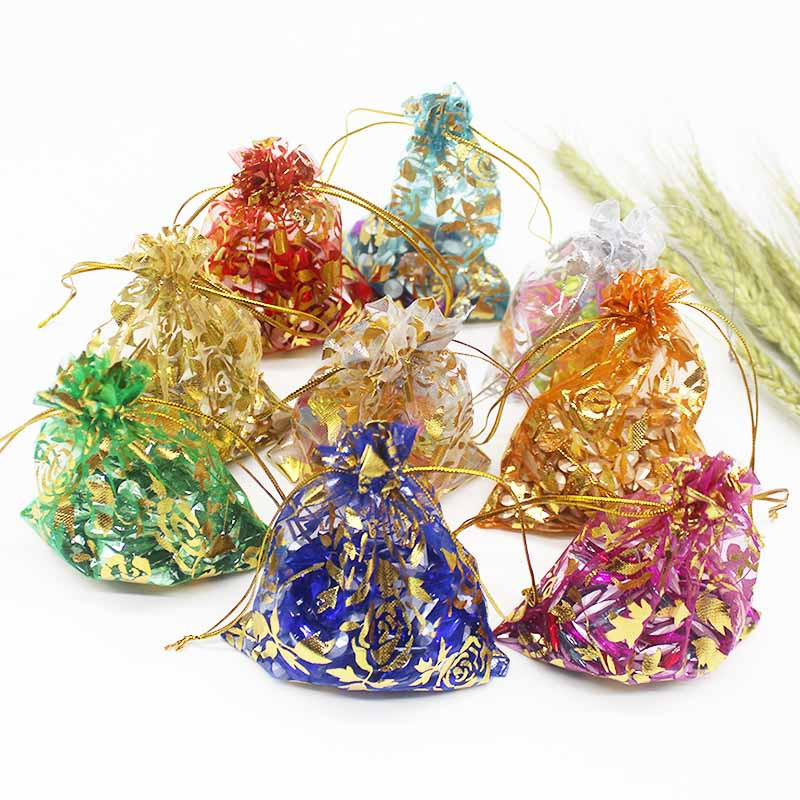 50 de bucăți geantă din organza de mai multe dimensiuni, cu trandafir cu inimă de fier, cu design special, pachet pentru cadouri pentru promovarea nunții, pachet de bijuterii cu bomboane