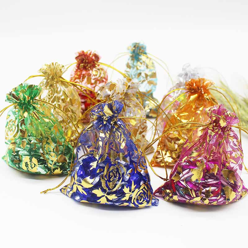 50 de bucăți geantă din organza de mai multe dimensiuni, cu trandafir cu inimă de fier, cu design special, pachet pentru cadouri pentru promovarea nunții, pachet de bijuterii cu bomboane