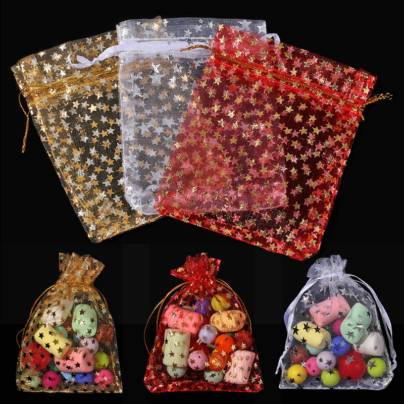 50/100 db/tétel Fashion Star Organza Táskák Szép Ékszer Csomagoló Táskák Esküvői Karácsonyi ajándék tasakok Táska 9x12cm Kiváló minőségű