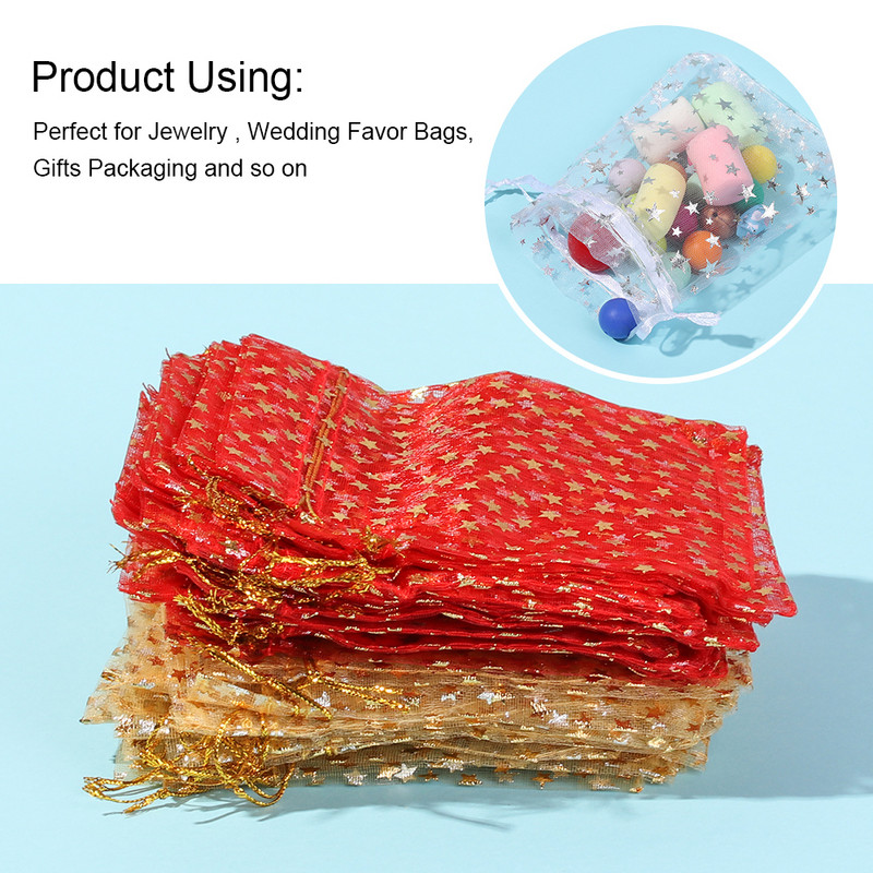 50/100 db/tétel Fashion Star Organza Táskák Szép Ékszer Csomagoló Táskák Esküvői Karácsonyi ajándék tasakok Táska 9x12cm Kiváló minőségű