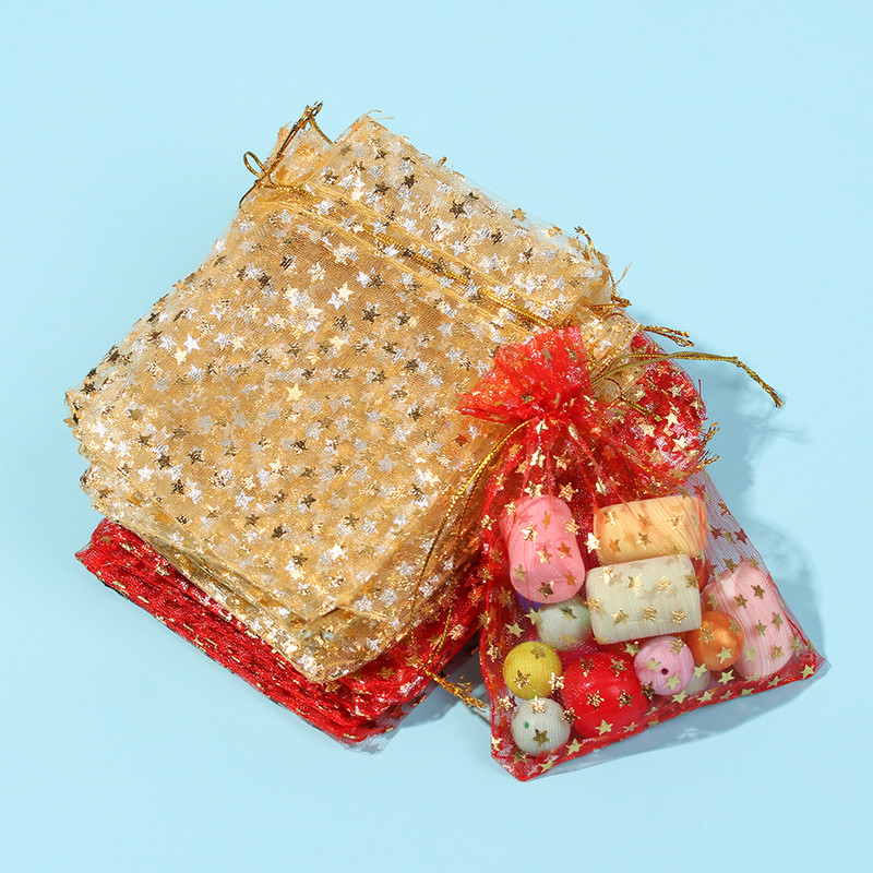 50/100 db/tétel Fashion Star Organza Táskák Szép Ékszer Csomagoló Táskák Esküvői Karácsonyi ajándék tasakok Táska 9x12cm Kiváló minőségű