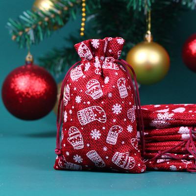Juta karácsonyi táskák 10 db/tétel Ajándékzacskók Zsinóros zacskó táska ékszercsomagolással Karácsonyi táska édességtáskával Can Customizd logó