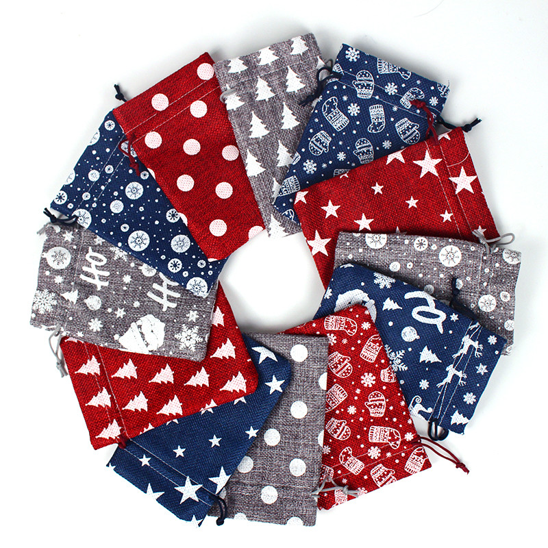 Juta karácsonyi táskák 10 db/tétel Ajándékzacskók Zsinóros zacskó táska ékszercsomagolással Karácsonyi táska édességtáskával Can Customizd logó