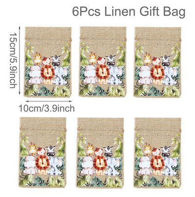 6Gb Džungļu dzīvnieku dāvanu maisiņi Džutas savilkšanas auklu maiss Safari dinozauru dzimšanas dienas ballītes dekors bērniem šokolādes konfekšu iesaiņošanas maisiņi