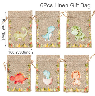 6Gb Džungļu dzīvnieku dāvanu maisiņi Džutas savilkšanas auklu maiss Safari dinozauru dzimšanas dienas ballītes dekors bērniem šokolādes konfekšu iesaiņošanas maisiņi