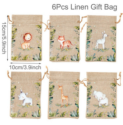 6Gb Džungļu dzīvnieku dāvanu maisiņi Džutas savilkšanas auklu maiss Safari dinozauru dzimšanas dienas ballītes dekors bērniem šokolādes konfekšu iesaiņošanas maisiņi