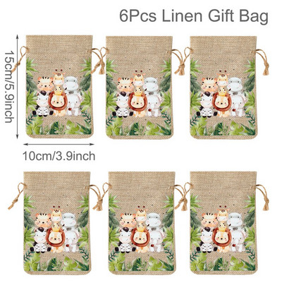 6Gb Džungļu dzīvnieku dāvanu maisiņi Džutas savilkšanas auklu maiss Safari dinozauru dzimšanas dienas ballītes dekors bērniem šokolādes konfekšu iesaiņošanas maisiņi