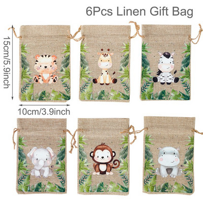 6Gb Džungļu dzīvnieku dāvanu maisiņi Džutas savilkšanas auklu maiss Safari dinozauru dzimšanas dienas ballītes dekors bērniem šokolādes konfekšu iesaiņošanas maisiņi