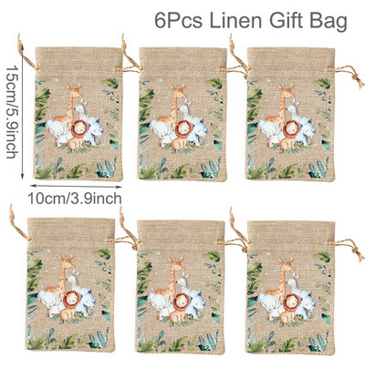6Gb Džungļu dzīvnieku dāvanu maisiņi Džutas savilkšanas auklu maiss Safari dinozauru dzimšanas dienas ballītes dekors bērniem šokolādes konfekšu iesaiņošanas maisiņi