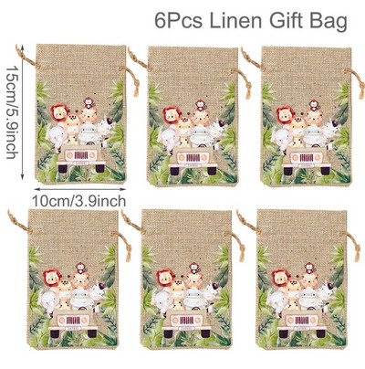 6Gb Džungļu dzīvnieku dāvanu maisiņi Džutas savilkšanas auklu maiss Safari dinozauru dzimšanas dienas ballītes dekors bērniem šokolādes konfekšu iesaiņošanas maisiņi