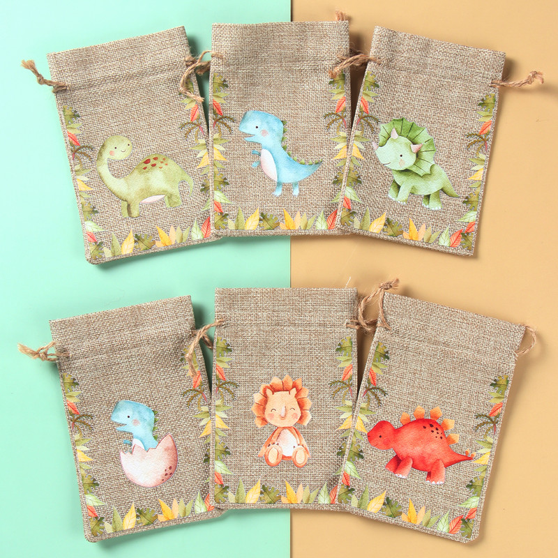 6Gb Džungļu dzīvnieku dāvanu maisiņi Džutas savilkšanas auklu maiss Safari dinozauru dzimšanas dienas ballītes dekors bērniem šokolādes konfekšu iesaiņošanas maisiņi