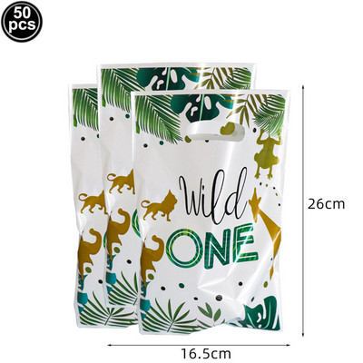 50 de bucăți pungi cadou Wild One, pungi de petrecere jungle safari, bunătăți din plastic, pungi de dulceață, sălbatice, o zi de naștere, consumabile pentru petreceri