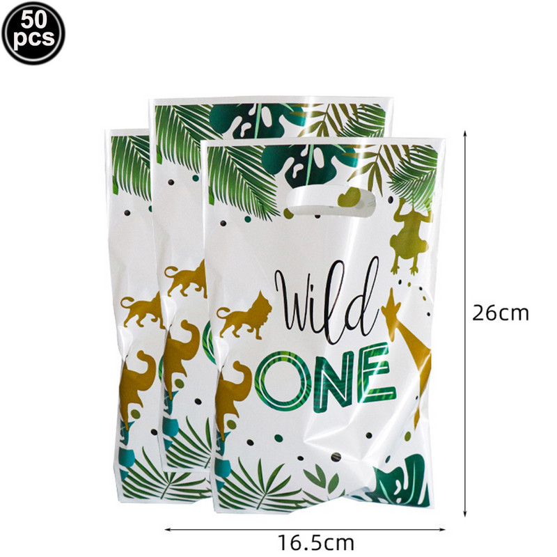 50 de bucăți pungi cadou Wild One, pungi de petrecere jungle safari, bunătăți din plastic, pungi de dulceață, sălbatice, o zi de naștere, consumabile pentru petreceri