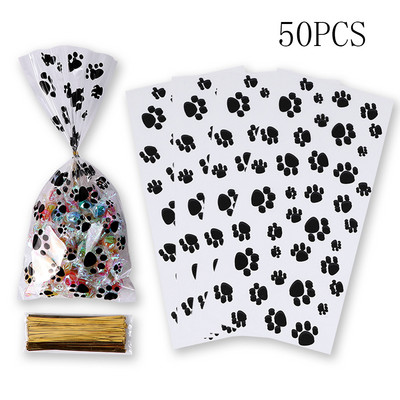 50 gab. Mājdzīvnieku ķepu apdrukas celofāna maisiņš, karsti aizzīmogots konfekšu maisiņš, suņu kaķu dāvanu maisiņš ar dzimšanas dienas ballītes bērnu uzkodu iepakojuma maisiņu