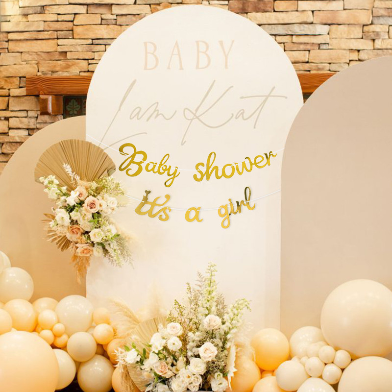Zelta bērnu dušas reklāmkarogs ir zēns, meitene, daudz laimes dzimšanas dienā, vītnes ķekars dzimumam Atklājiet bērnu dzimšanas dienas ballīti Mājas iekārtojums