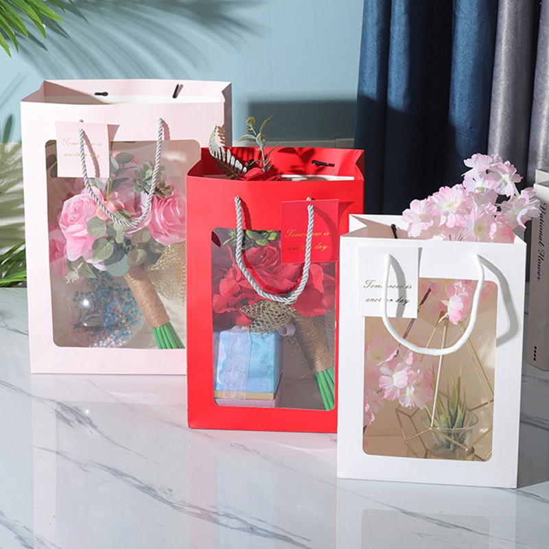 2022 új papír ajándéktasakok fogantyúval átlátszó ablak virág csomagoló táska esküvői Valentin-napi ajándékcsomagoló doboz