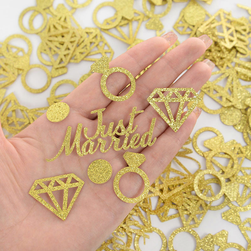 100 vnt Blizgančio aukso, ką tik vedęs deimantinis žiedas, popierinis konfeti, skirtas vestuvių stalo dekoravimui, sužadėtuvių vakarėlio stalo išbarstymas