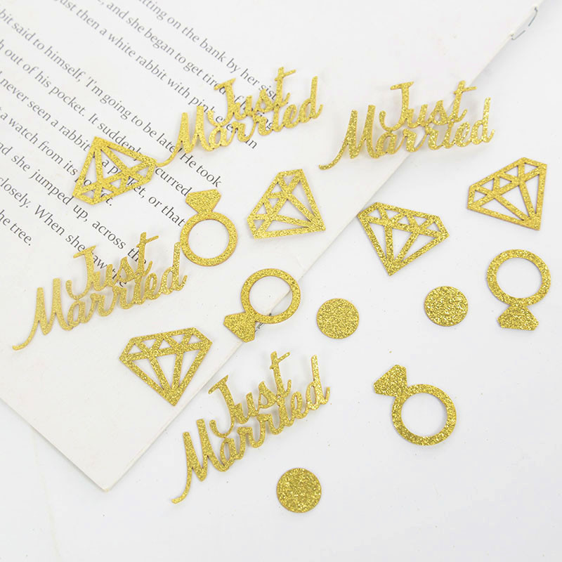 100 vnt Blizgančio aukso, ką tik vedęs deimantinis žiedas, popierinis konfeti, skirtas vestuvių stalo dekoravimui, sužadėtuvių vakarėlio stalo išbarstymas