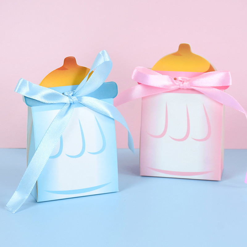 10gab Baby Shower Candy Box Zila/rozā Padevēja Pudele Papīra Kastīte Zēns Meitene Dāvanas Iepakojuma Somas Kristības Dzimums Atklāj ballīšu piederumi
