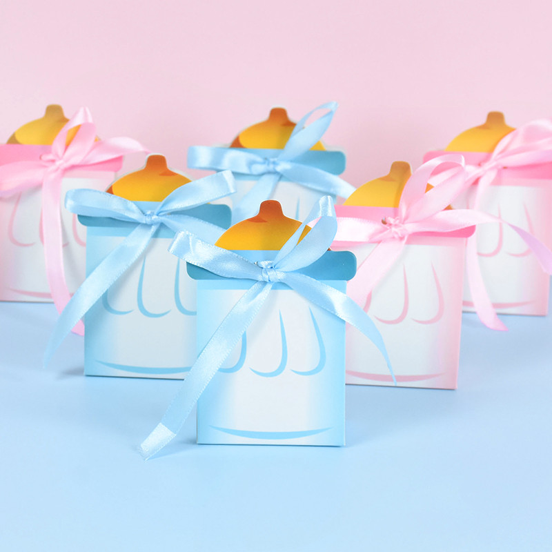 10gab Baby Shower Candy Box Zila/rozā Padevēja Pudele Papīra Kastīte Zēns Meitene Dāvanas Iepakojuma Somas Kristības Dzimums Atklāj ballīšu piederumi